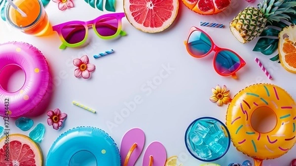 Obraz frame of summer vibes concept with colorful pool party items, funny sunglasses, cocktail glasses, pineapple and donut inflatable drink holders, flip flops and flower necklaces on white background