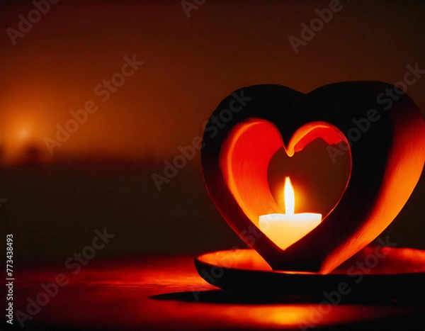 Fototapeta Candlestick in the shape of heart and lit candle in it on very dark background, copy space on left side