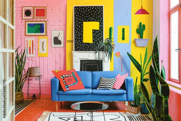 Obraz A modern living room interior with dopamine decor.