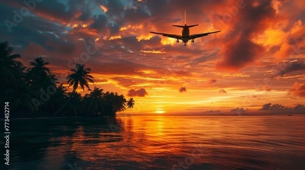 Fototapeta Capturing the magical moment of an airplane flying above a tropical sea as the sun sets