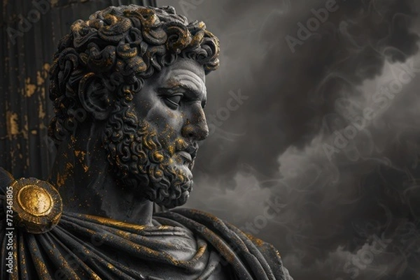 Fototapeta Surreal 3D illustration of an ancient Greek statue made of black marble with gold details. Contemporary art in digital format