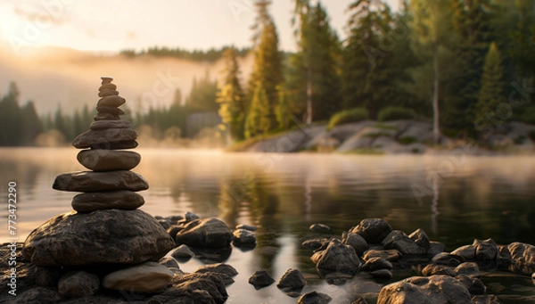 Fototapeta Tranquil natural setting with misty water, forest trees in the background, and small rocks stacked on top of each other near a calm lake at sunset. 