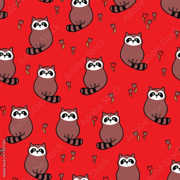 Fototapeta Vector seamless repeating childish pattern with cute raccoon in doodle style. Animals background for invitation, poster, card, flyer, textile, fabric