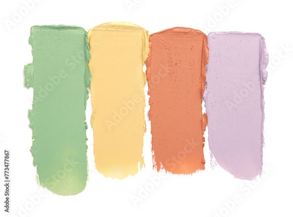 Fototapeta Samples of color correcting concealers isolated on white, top view