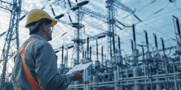 Fototapeta A man in a hard hat holding a piece of paper. Suitable for construction industry projects