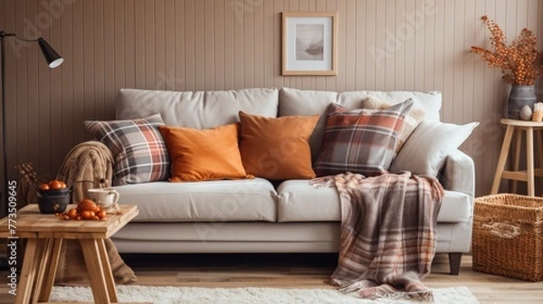 Fototapeta A cozy living room featuring a comfortable sofa and a throw blanket