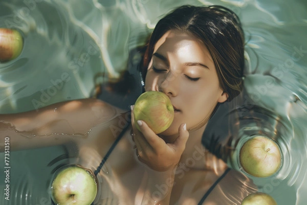 Fototapeta Healthy living. Woman floating in a pool with apples