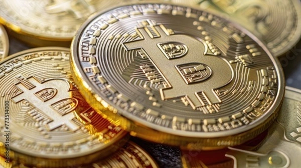 Fototapeta Golden Bitcoins glow with radiance against a reflective surface