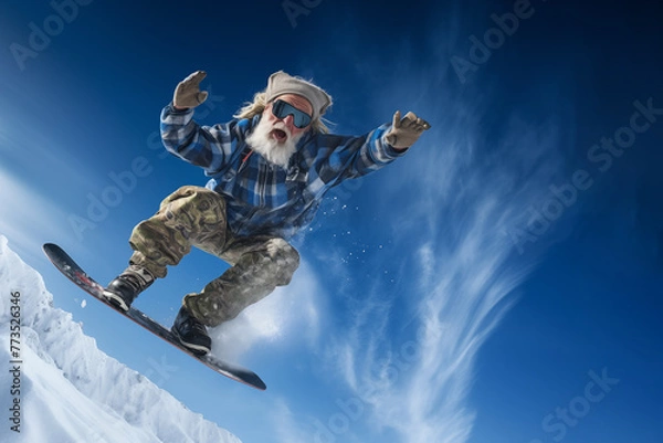 Fototapeta senior Snowboarding in jump on sky background.