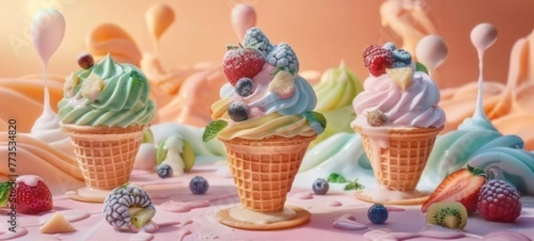 Fototapeta Ice cream in pastel colours served in wafers with a variety of fruits and toppings