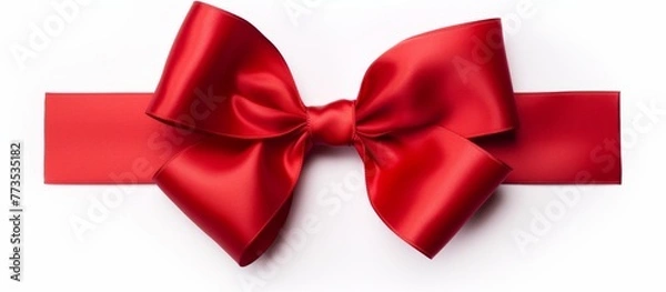 Fototapeta A detailed close-up shot showcasing a vivid red bow placed against a pristine white backdrop, highlighting the intricate texture and color