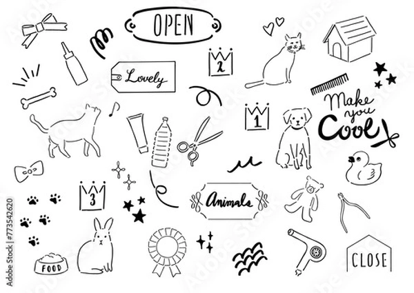 Obraz 落書き風のシンプルなイラスト　ペット ペットサロン ショップ　トリミング アニマル　動物　ライン　線画