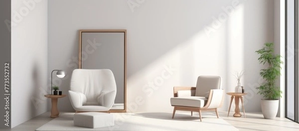 Obraz The image showcases a cozy living room featuring a elegant chair and a stylish mirror, creating a welcoming ambiance