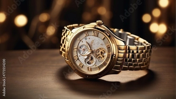 Fototapeta Luxurious golden wristwatch with gears