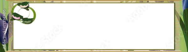 Obraz 菖蒲の花と竹の前にすだれに色紙のメッセージボードがあるバナー素材柏餅を添えてある