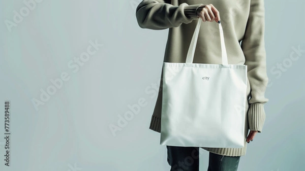 Fototapeta A mockup of a blank white tote bag held in a woman's hand, front view, mockup