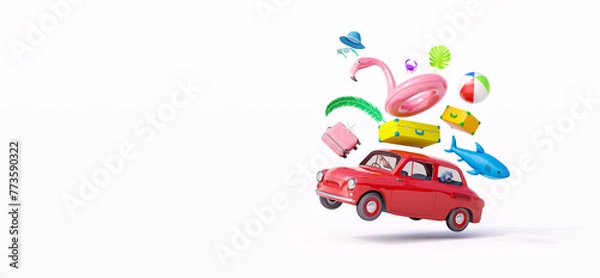 Obraz Car jump with luggage and beach accessories ready for summer travel. Creative vacation concept isolated on white background 3D Render 3D illustration