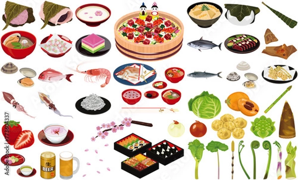 Obraz 春の味覚・料理のアイコン①（雛ちらし、花見弁当、お食い初め、桜餅、柏餅）