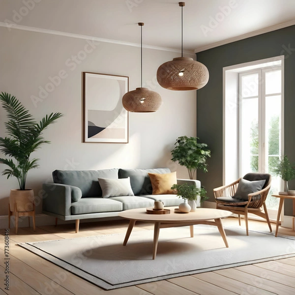 Fototapeta Modern interior japandi style design livingroom. Lighting and sunny scandinavian apartment with plaster and wood. 3d render illustration.