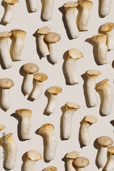 Fototapeta Pleurotus eryngii white mushrooms with shadows, edible fungus as minimal flat lay on beige background, top view pastel colored still life from whole mushroom at hard light, alternative proteins