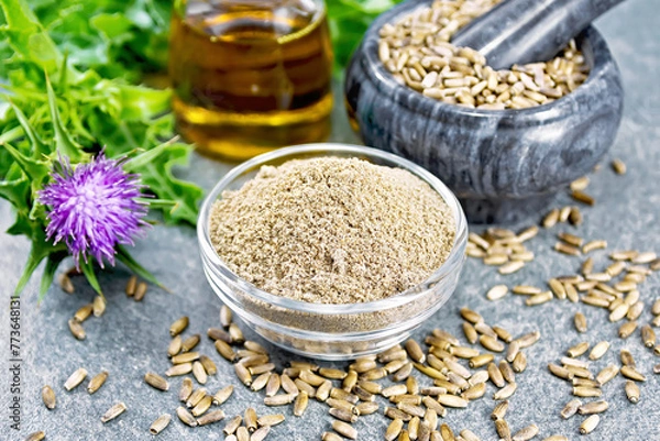 Obraz Flour milk thistle in bowl on stone