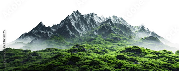Obraz 3D mountain with green grass and forest landscape, isolated on white background, png