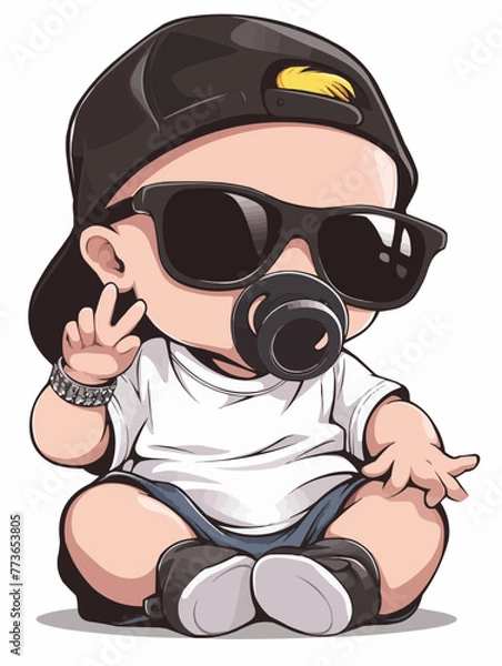 Fototapeta Cool Baby Like a Boss Toddler with Baseball Cap and large Sunglasses Mini Chef Baby	