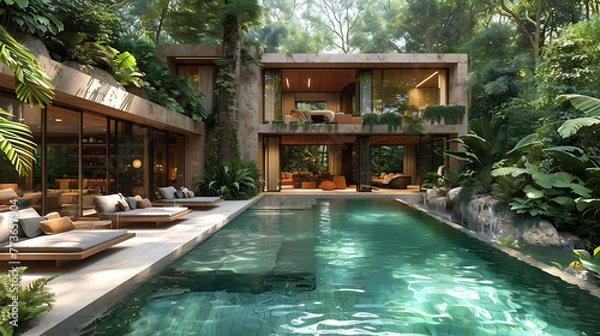 Obraz Exotic Dawn Retreat: Lounge and Pool in Luxurious Southeast Asian Greenhouse Amidst Rainforest