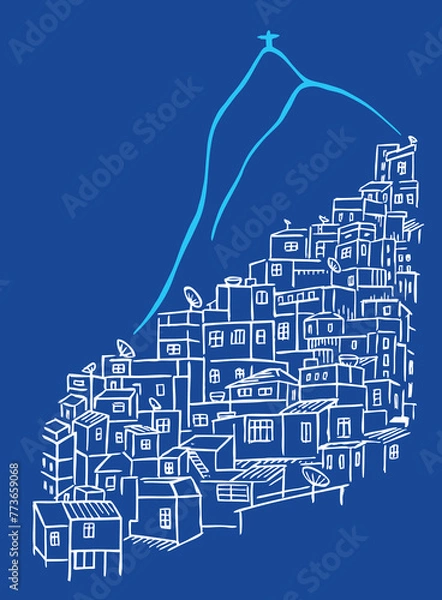 Fototapeta Vector illustration of favela landscape with mountain in the background. Art with stylized features.