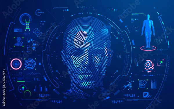 Obraz concept of digital forensic or biometrics, graphic of man face combined with fingerprint pattern and futuristic interface
