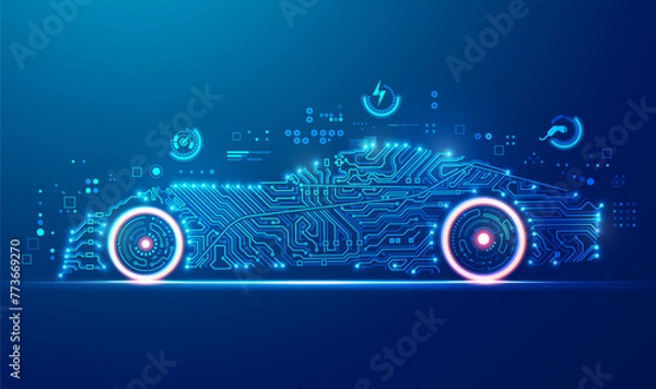Fototapeta concept of EV or electronic vehicle, graphic of car shape combined with electronic pattern