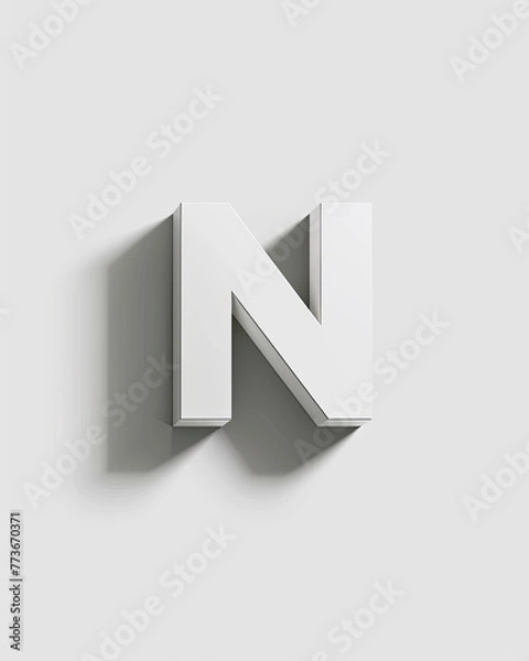 Fototapeta Bold white isometric "N" casts a defined shadow on a light grey background.