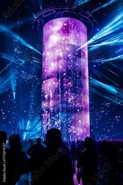 Obraz A digital concert venue where virtual musicians perform in front of digital crowds, with immersive visuals, synchronized light shows, and interactive experiences, Generative AI