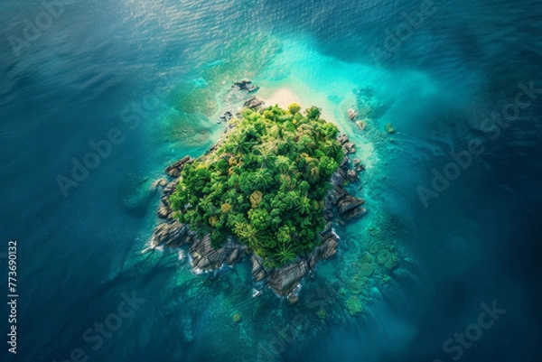 Fototapeta A small island with a forest on it is surrounded by water