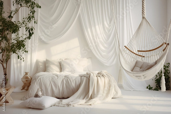 Obraz white bed in a bedroom