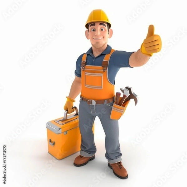 Obraz 3D Render of a friendly handyman displaying a thumbs-up gesture while carrying a toolbox, on isolated white background, Generative AI