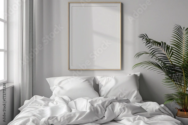 Fototapeta white wall with an arched Wooden brown colored shelf and a gold hanging light, a small white canvas mockup, a living room with neutral tones of beige and tan 