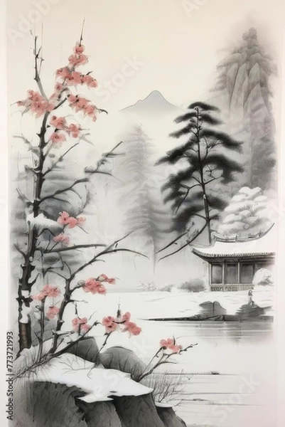 Obraz Chinese ink painting art background elegant tranquil landscape
