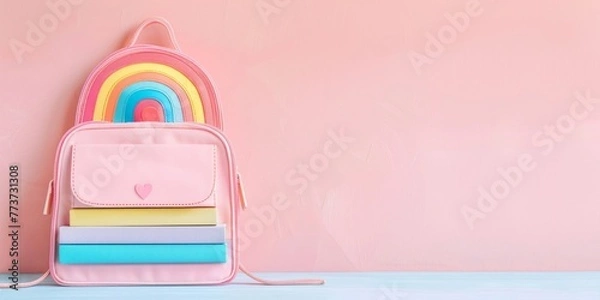 Fototapeta A pink school backpack featuring a colorful rainbow design, perfect for adding a touch of fun to a students daily essentials