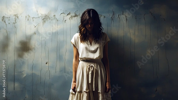 Obraz Tranquil Isolation: A Depressed Girl Contemplates within Empty White Copyspace