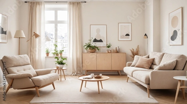 Fototapeta the calm aesthetic of a Scandinavian-inspired living room, featuring a cozy beige sofa, a recliner chair, and minimalist decor bathed in natural light