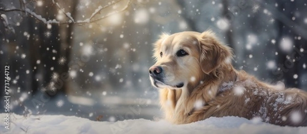 Fototapeta The canine is quietly lying on the white snow-covered surface, enjoying the cold serene atmosphere