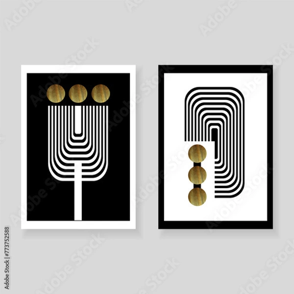 Obraz Set of minimal elegant wall decor posters. Black, white and gold geometric shapes made of lines and circles with grunge texture. Creative templates for parties, cards, posters, covers, home decor. 