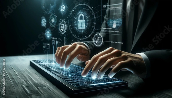 Obraz Hands of a data protection officer working with a high-tech keyboard. Above this futuristic keyboard, design holographic data privacy controls that are both sophisticated and symbolic of advanced secu