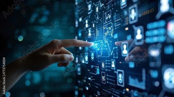 Fototapeta Futuristic Interface Interaction, Person Touching Digital Screen with Glowing Icons, Modern Technology Concept for Business and Communication. AI
