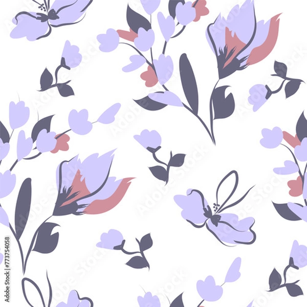 Obraz Hand-drawn seamless pattern with floral print. Abstract contour flowers in pink, light purple and white. Vector pattern for printing on fabric, gift wrapping, covers, wallpapers.