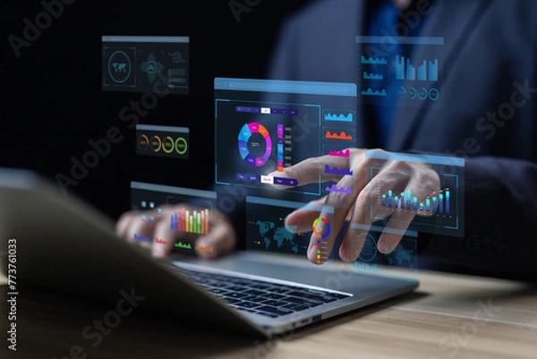 Fototapeta research on platform digital technology, analyst manages the system database, analysis data plans, and reports. shows a dashboard chart on the computer. concept of analytics business