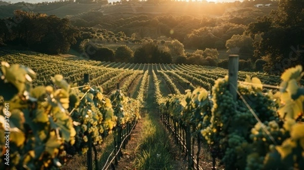 Fototapeta A sunlit vineyard with rows of grapevines stretching into the distance AI generated illustration