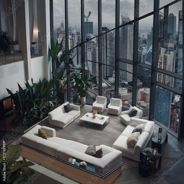 Fototapeta beautiful modern living room design by a architect in a apartment with view on the city 