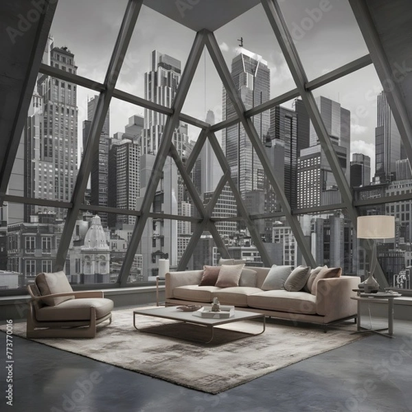 Fototapeta beautiful modern living room design by a architect in a apartment with view on the city 